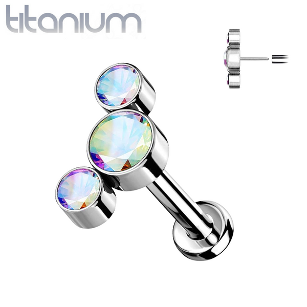 Implant Grade Titanium Threadless Push In Cartilage 3 Gem Curved Aurora Borealis CZ Gems With Flat Back - Pierced Universe