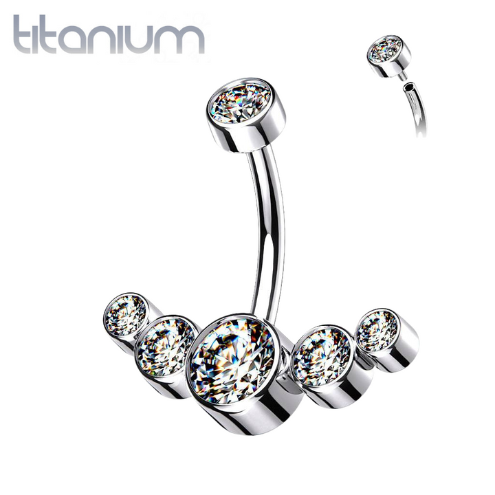 Implant Grade Titanium Internally Threaded With 5 Bezel White CZ Bottom Belly Ring - Pierced Universe