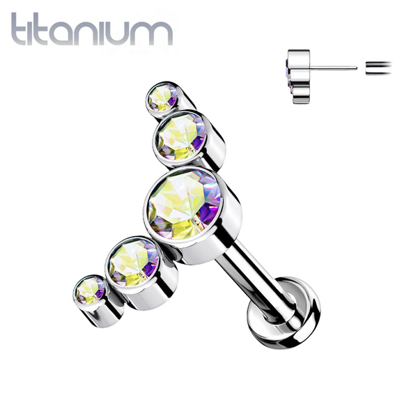 Implant Grade Titanium Threadless Push In Cartilage 5 Gem Curved Aurora Borealis CZ Gems With Flat Back - Pierced Universe