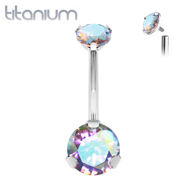 Implant Grade Titanium Internally Threaded Aurora Borealis CZ Prong Belly Button Navel Ring - Pierced Universe