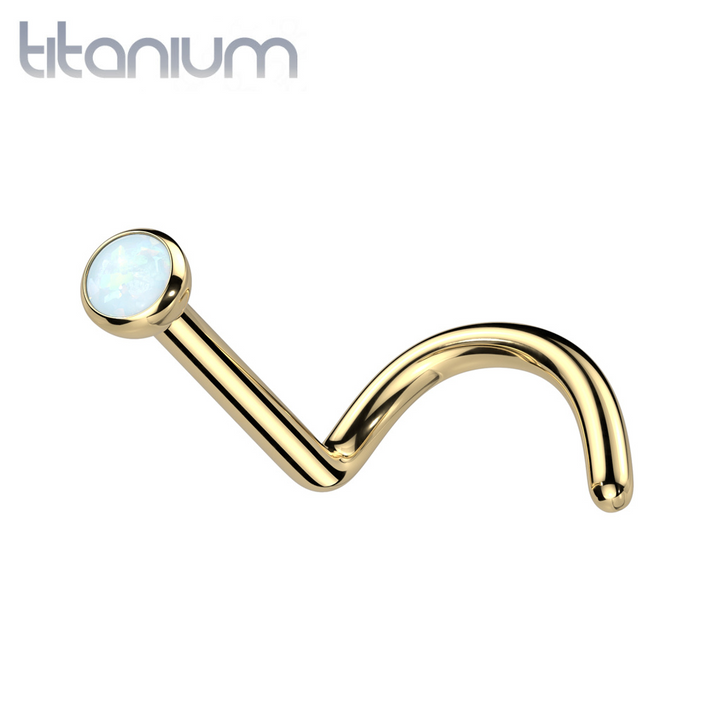 Implant Grade Titanium Gold PVD Corkscrew Nose Ring with White Opal - Pierced Universe