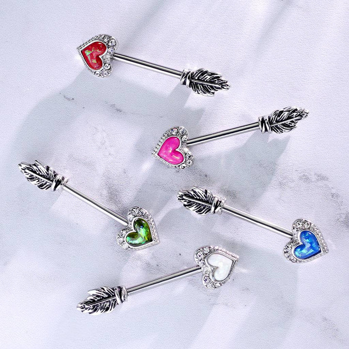 Blue Opal Heart & Feather Arrow Surgical Steel Nipple Ring Barbell - Pierced Universe