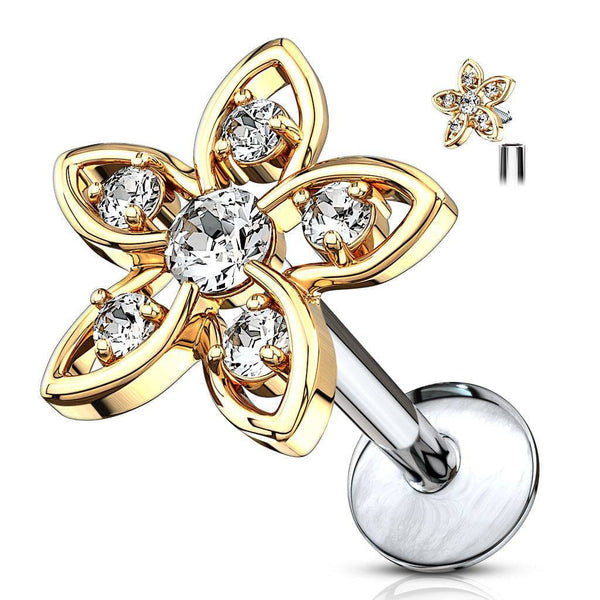 Gold Plated Internally Threaded Surgical Steel White CZ Flower Labret - Pierced Universe