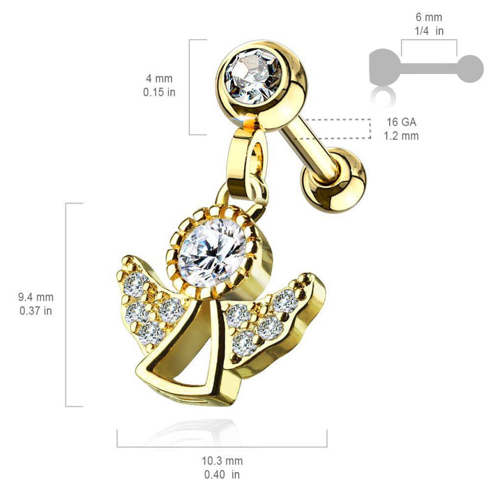 Gold Plated Surgical Steel White CZ Dangling Angel Cartilage Ring - Pierced Universe