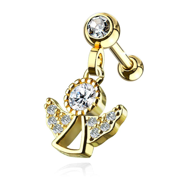 Gold Plated Surgical Steel White CZ Dangling Angel Cartilage Ring - Pierced Universe