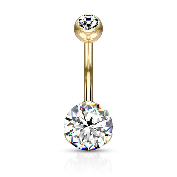 Gold PVD Surgical Steel Classic White 8mm CZ Gem Belly Ring - Pierced Universe