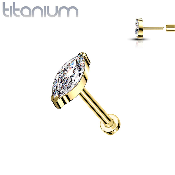 Implant Grade Titanium Gold PVD Threadless Push In Labret White Marquise CZ Stud - Pierced Universe