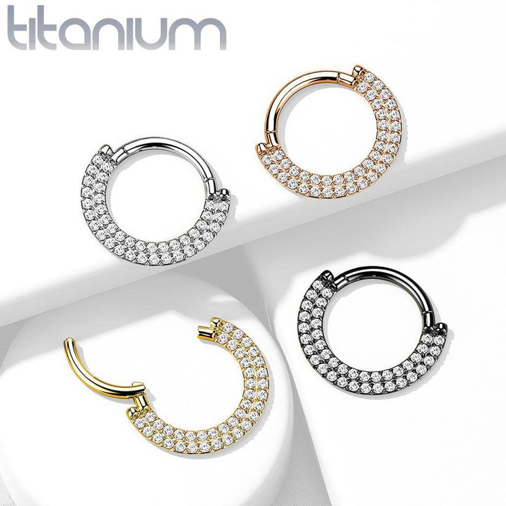 Implant Grade Titanium Black PVD Double Row White CZ Pave Daith Ring Clicker Hoop - Pierced Universe