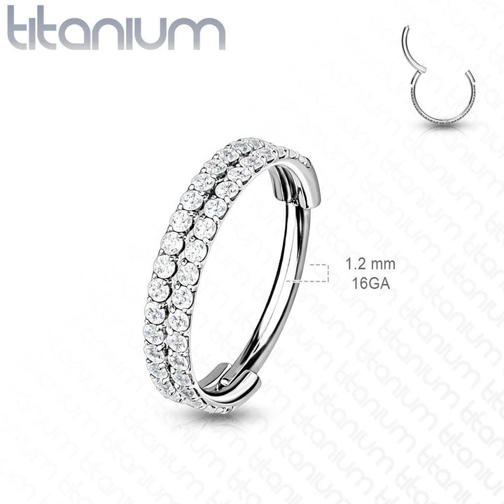 Implant Grade Titanium Black PVD Double Row White CZ Pave Hinged Clicker Hoop - Pierced Universe