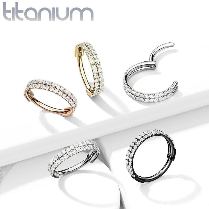 Implant Grade Titanium Black PVD Double Row White CZ Pave Hinged Clicker Hoop - Pierced Universe