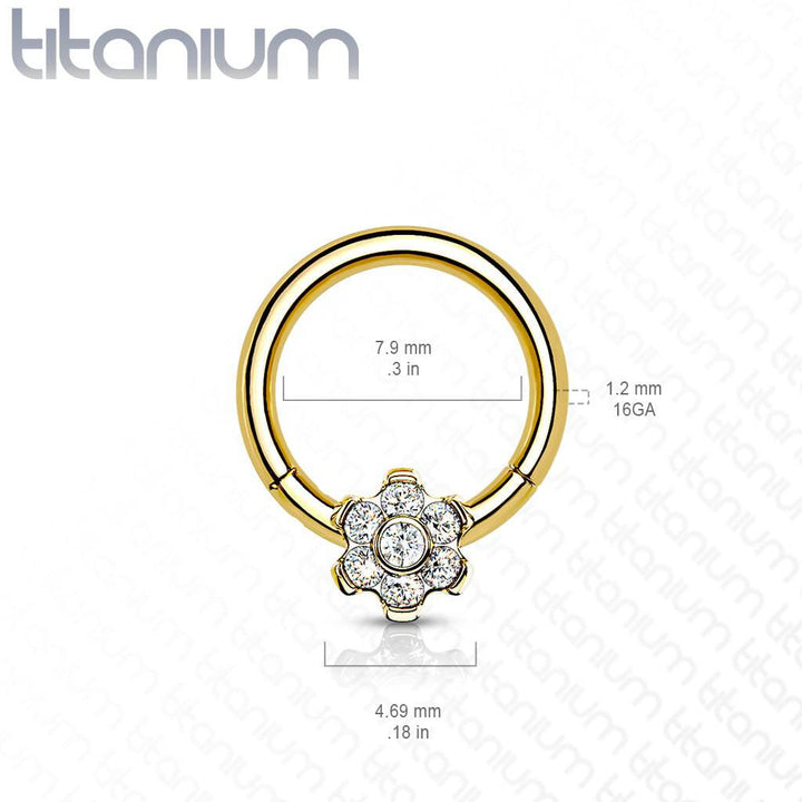 Implant Grade Titanium Gold PVD White CZ Gem Flower Hinged Clicker Hoop - Pierced Universe