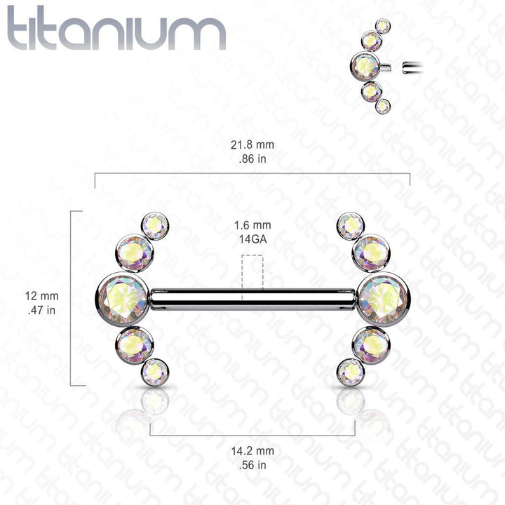 Implant Grade Titanium Internally Threaded Aurora Borealis 5 Bezel CZ Gem Nipple Ring - Pierced Universe