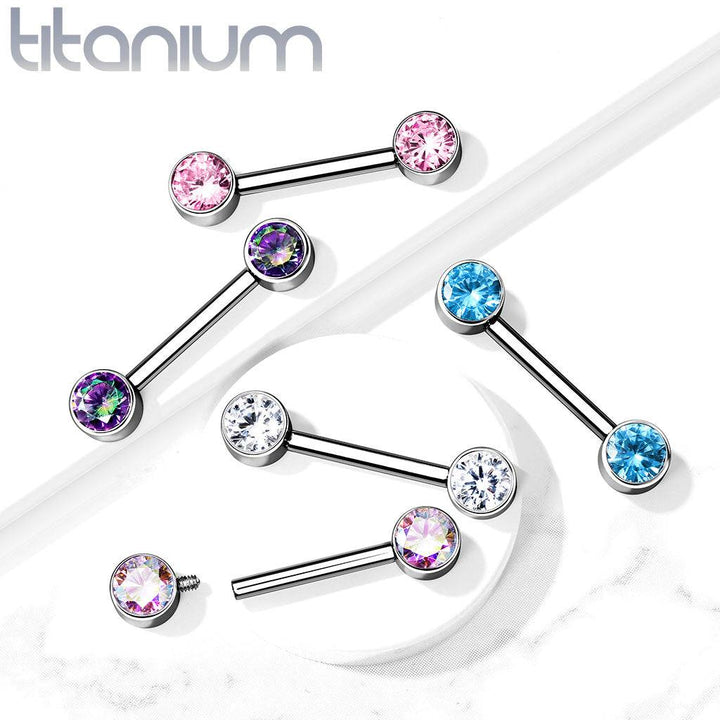 Implant Grade Titanium Nipple Barbell With Internally Threaded Aurora Borealis CZ Gems - Pierced Universe