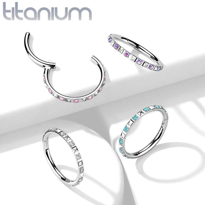 Implant Grade Titanium Ridged With White CZ Gems Hinged Hoop Clicker Ring - Pierced Universe