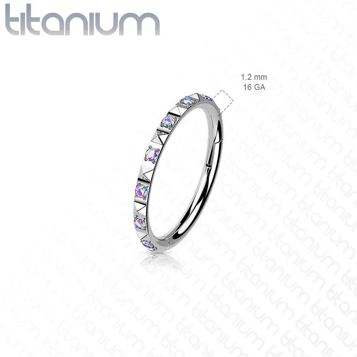 Implant Grade Titanium Ridged With White CZ Gems Hinged Hoop Clicker Ring - Pierced Universe