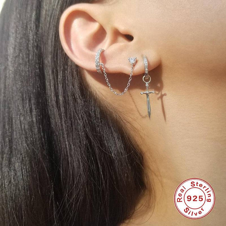 Pair Of 925 Sterling Silver Gold PVD White CZ Dagger Dangle Minimal Hoop Earrings - Pierced Universe