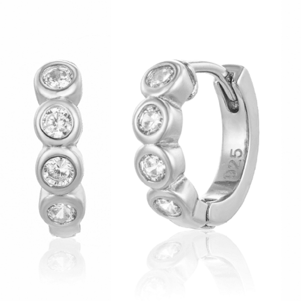 Pair of 925 Sterling Silver Minimal 4-CZ Gem Hinged Huggy Hoop Earrings - Pierced Universe