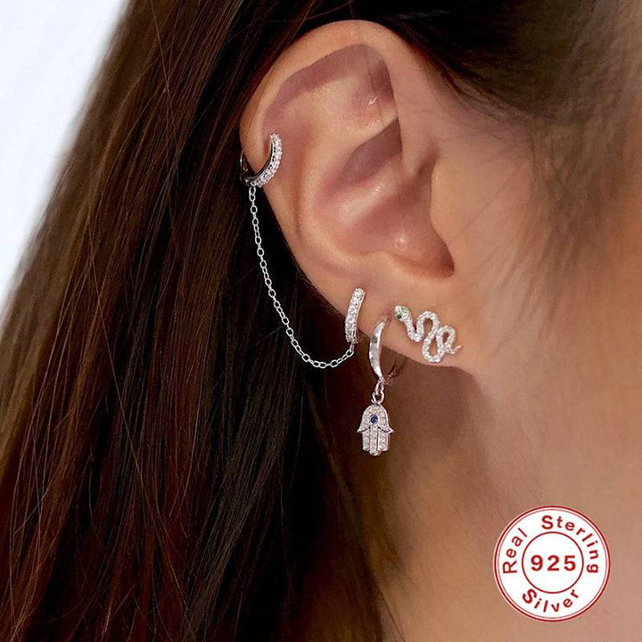 Pair Of 925 Sterling Silver White CZ Hamsa Dangle With Blue Gem Minimal Hoop Earrings - Pierced Universe