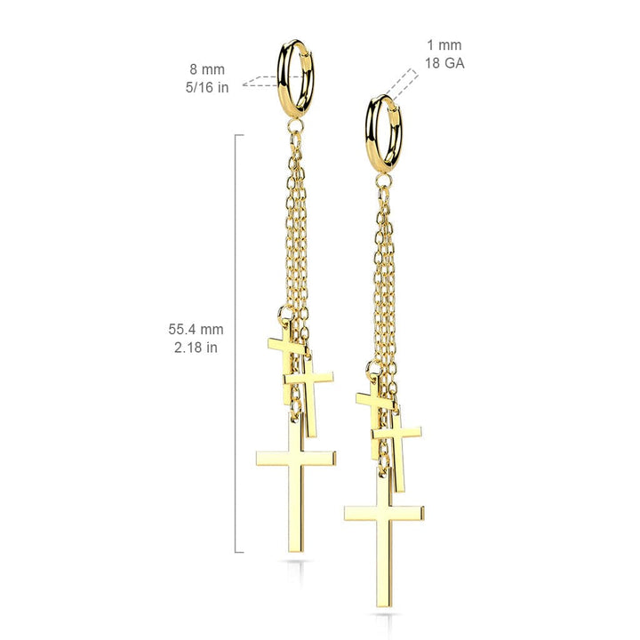 Pair Of Surgical Steel Gold PVD Thin Hoop Earrings With Dangling Chains & Crosses - Pierced Universe