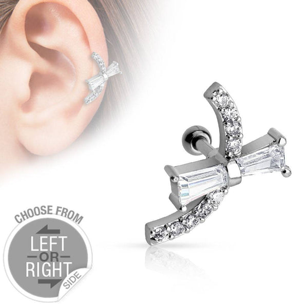 Surgical Steel Barbell with CZ Baguette Ribbon Bow Ear Cartilage Stud - Pierced Universe