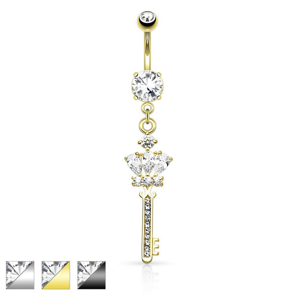 Surgical Steel CZ Crown and Key Dangling Belly Button Navel Ring - Pierced Universe