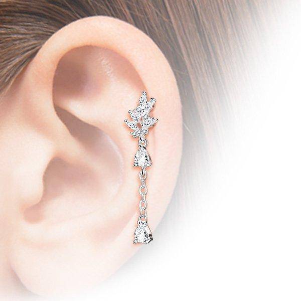 Surgical Steel White CZ Leaf Dangling Teardrop Cartilage Ring - Pierced Universe