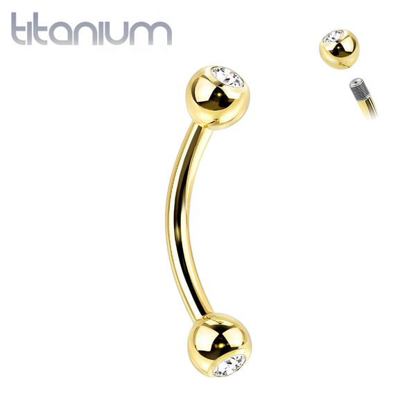 Implant Grade Titanium Gold PVD Curved Barbell With White CZ Gem - Pierced Universe