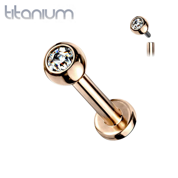 Implant Grade Titanium Internally Threaded Rose Gold PVD White CZ Labret Flat Back - Pierced Universe