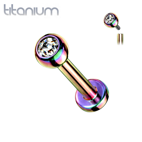 Implant Grade Titanium Internally Threaded Rainbow PVD White CZ Labret Flat Back - Pierced Universe